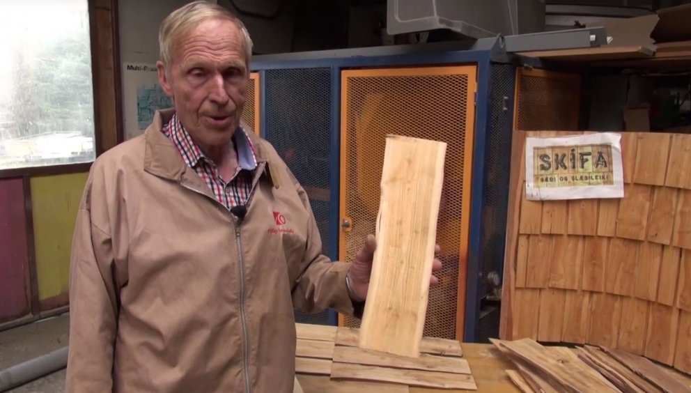Guðmundur Magnússon með viðarskífu úr íslensku lerki. Skjámynd úr myndbandinu