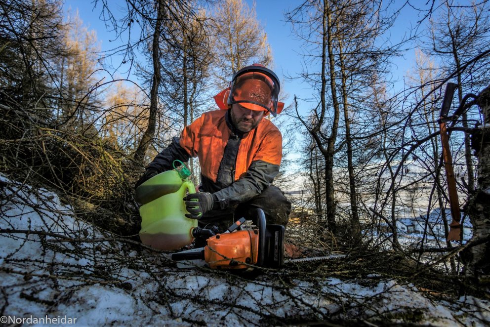 Jón Heiðar Rúnarsson skógverktaki setur eldsneyti á sögina. Verkefnin eru næg við grisjun í skógunum…