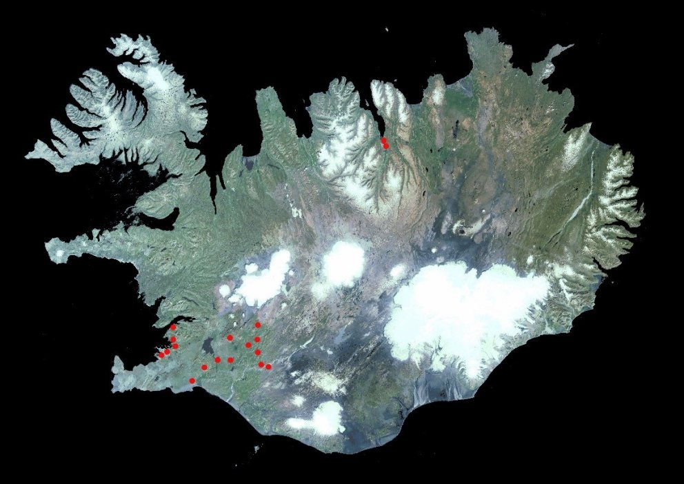 Staðfestir fundarstaðir birkiþélu haustið 2017. Grunnmynd: Landmælingar Íslands