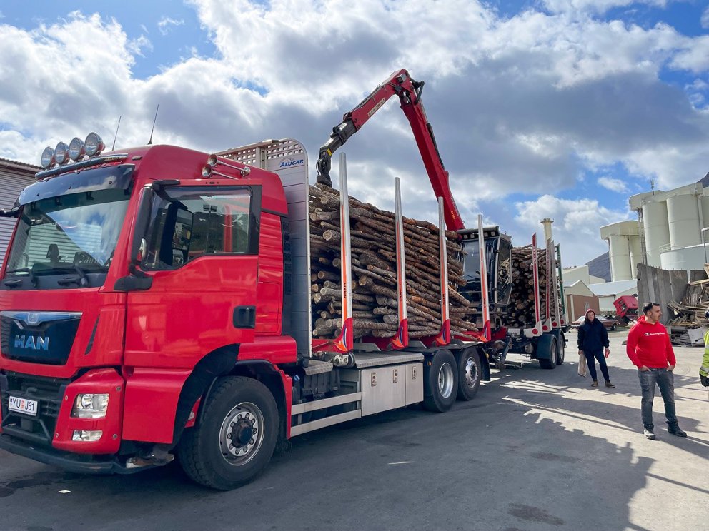 Timburbíll Tandrabrettis með farm af grisjunarviði úr þjóðskóginum á Höfða kominn í hlað við verksmi…