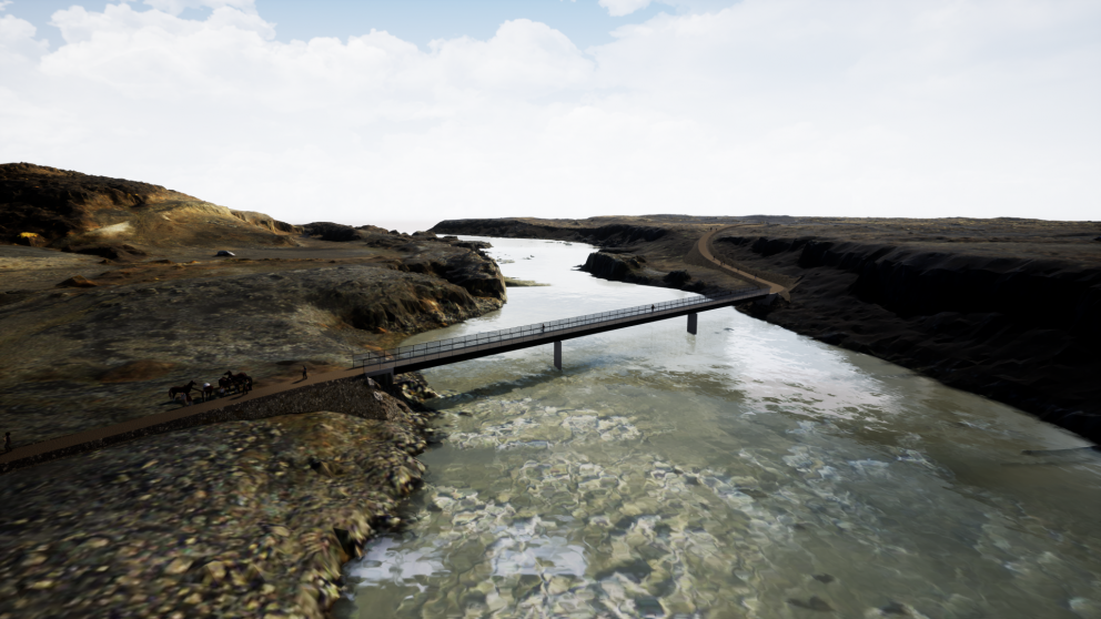 Tölvugerð mynd af trébrúnni fyrirhuguðu yfir Þjórsá. Arkitektar að brúnni eru VA Arkitektar, Efla sé…