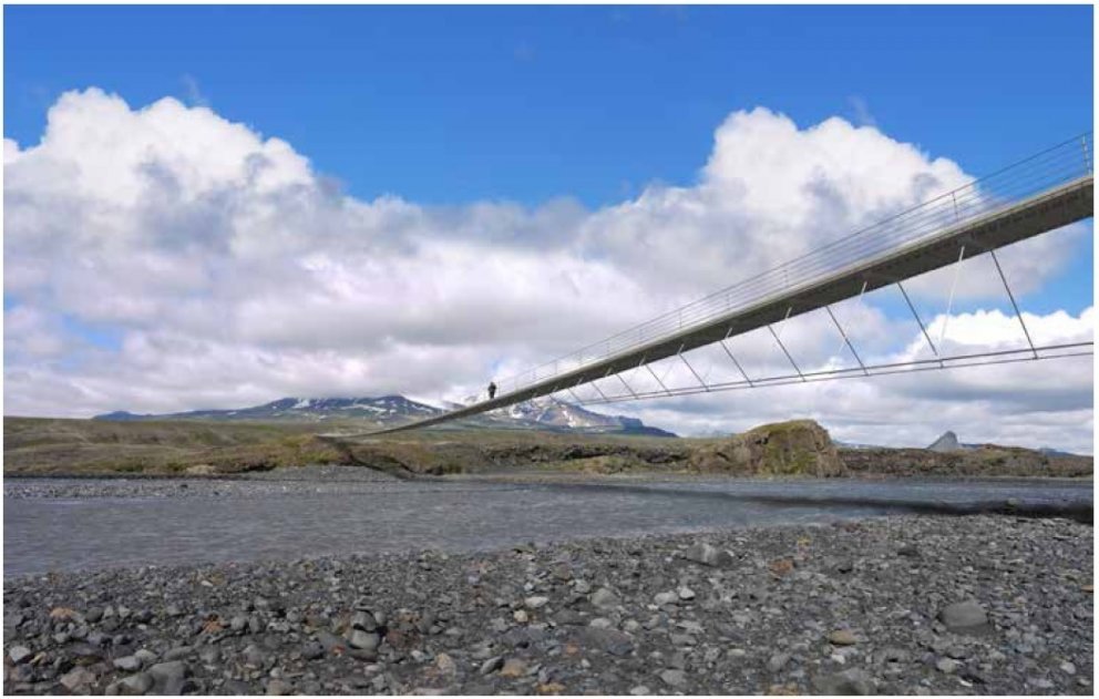 Tölvugerð mynd af vinningstillögunni þar sem ráðgert er að hún verði lögð yfir Markarfljót við Húsad…
