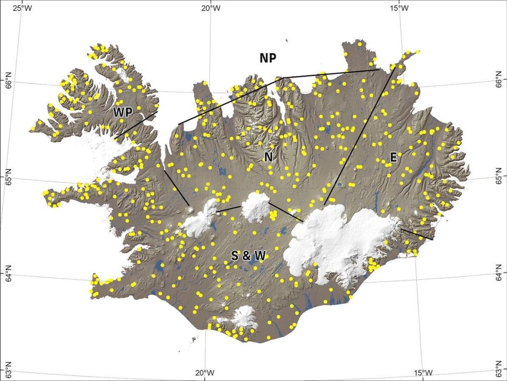 500 reitum, sem hver er 500×500 m í þvermál, var dreift tilviljanakennt um landið og ástand hvers…